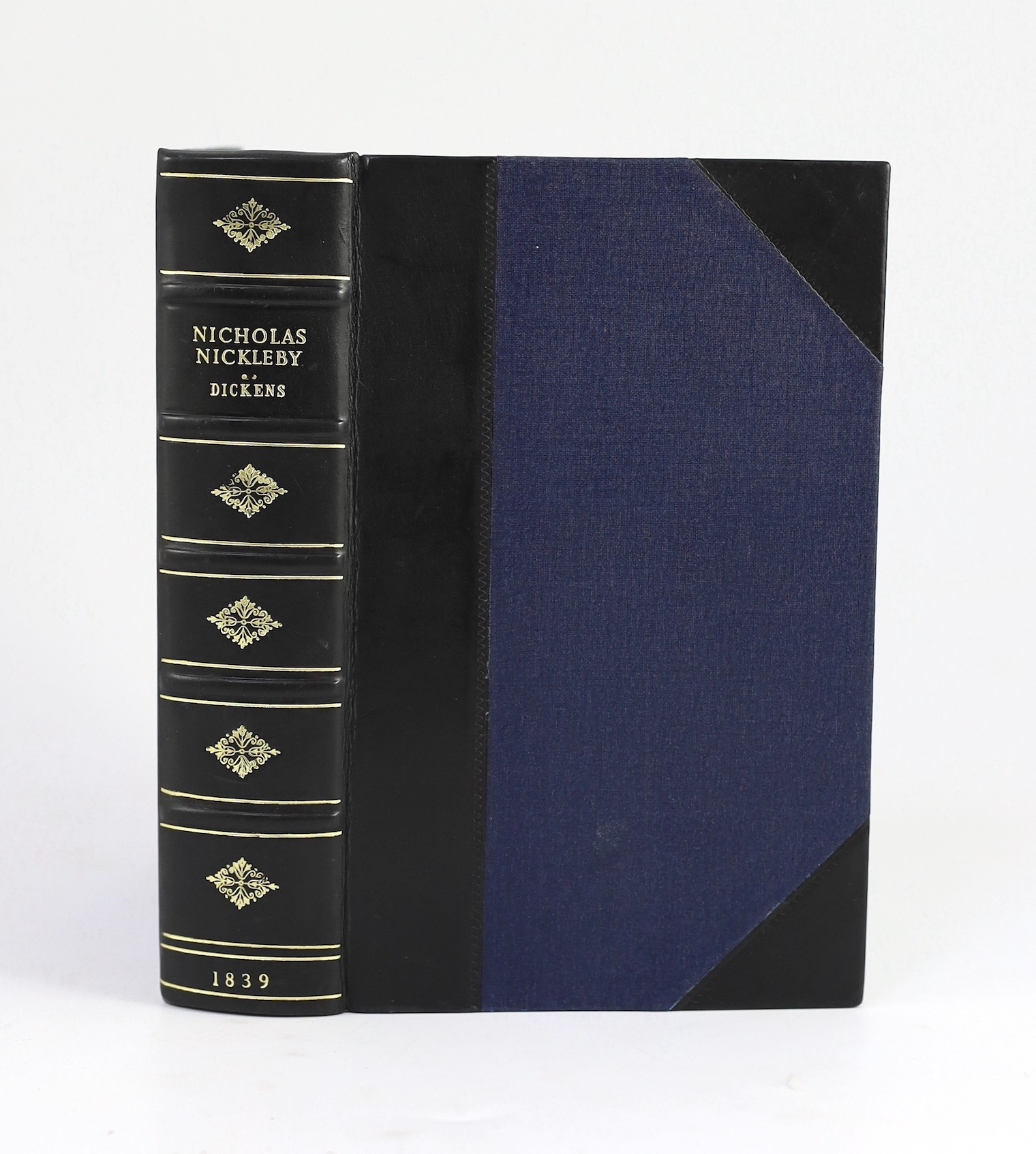 Dickens, Charles - Nicholas Nickleby, 1st edition in book form, 1st state, stab holes present, 8vo, later black calf with blue cloth boards, illustrated with 39 plates by Halbot K.Browne (‘’Phiz’’), neat repair to torn p